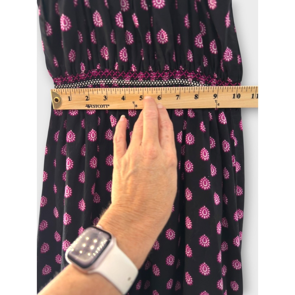 World Market Boho Maxi Dress Black Pink Paisley Border Print Cotton S/M Smocked - Picture 13 of 14